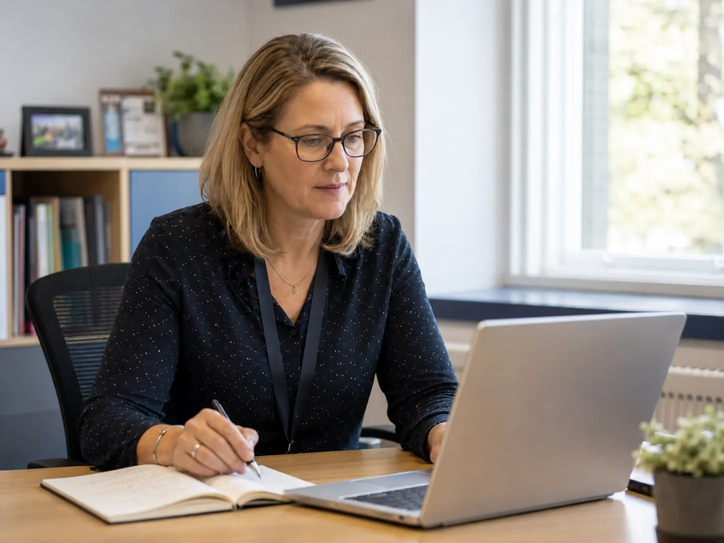 Senior education leader reviewing wellbeing insights on a laptop