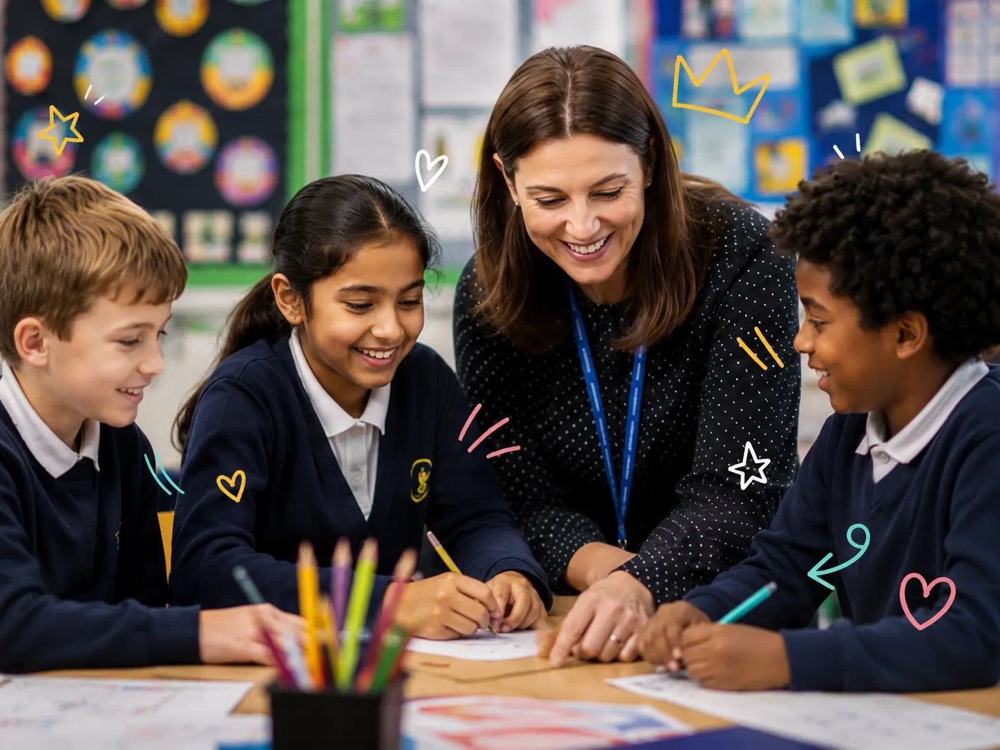 A teacher and pupils smiling together in a classroom